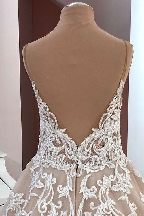 Vestido de novia largo de corte A, tul con lentejuelas, tirantes finos y apliques de encaje