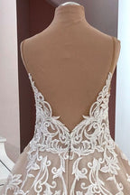Vestido de novia largo de corte A, tul con lentejuelas, tirantes finos y apliques de encaje