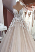 Vestido de novia largo de corte A, tul con lentejuelas, tirantes finos y apliques de encaje