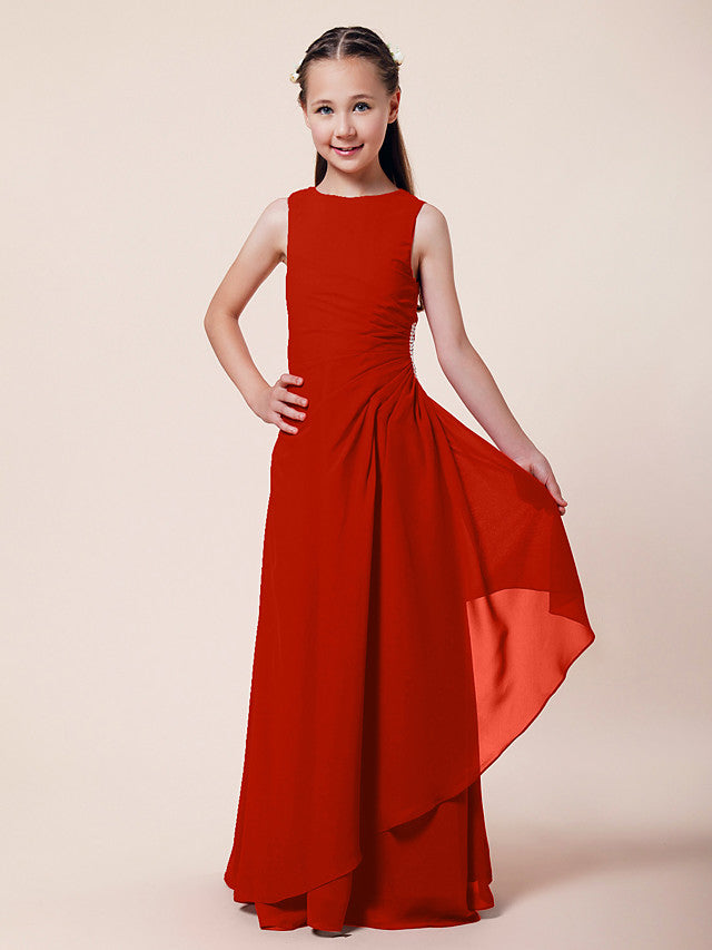 Vestido largo de corte sirena para niña de las flores, escote barco, de gasa, estilo bocina, ideal para damas de honor junior.