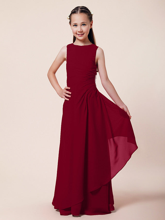 Vestido largo de corte sirena para niña de las flores, escote barco, de gasa, estilo bocina, ideal para damas de honor junior.