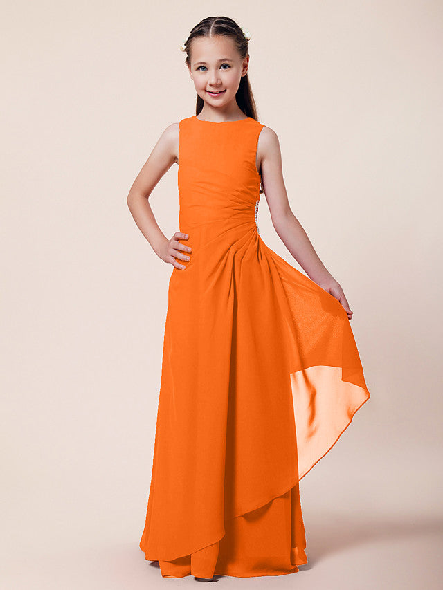 Vestido largo de corte sirena para niña de las flores, escote barco, de gasa, estilo bocina, ideal para damas de honor junior.
