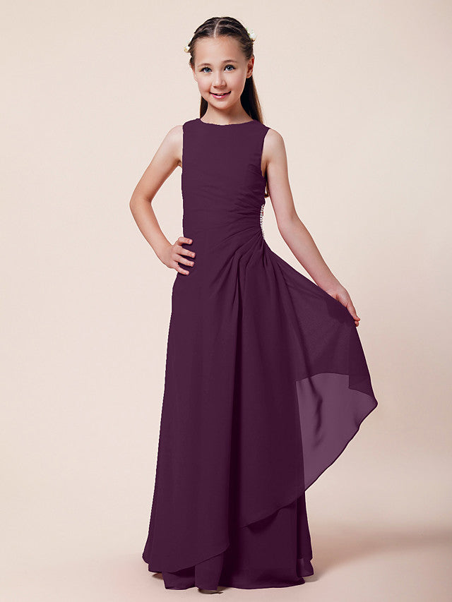 Vestido largo de corte sirena para niña de las flores, escote barco, de gasa, estilo bocina, ideal para damas de honor junior.