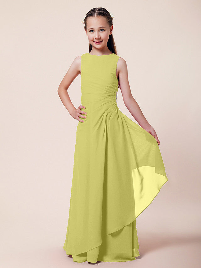 Vestido largo de corte sirena para niña de las flores, escote barco, de gasa, estilo bocina, ideal para damas de honor junior.