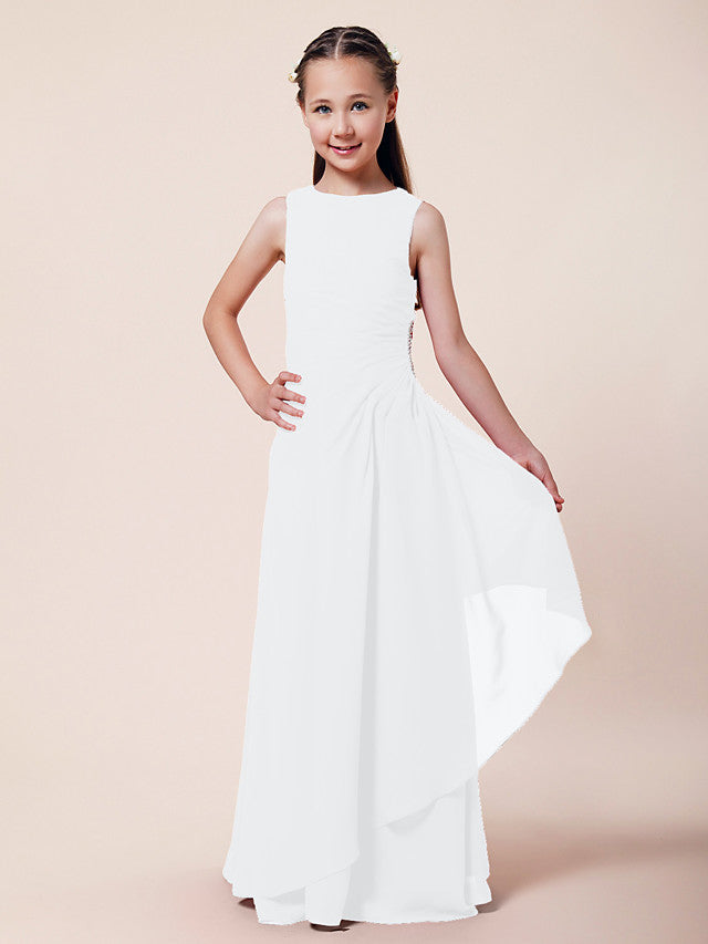 Vestido largo de corte sirena para niña de las flores, escote barco, de gasa, estilo bocina, ideal para damas de honor junior.