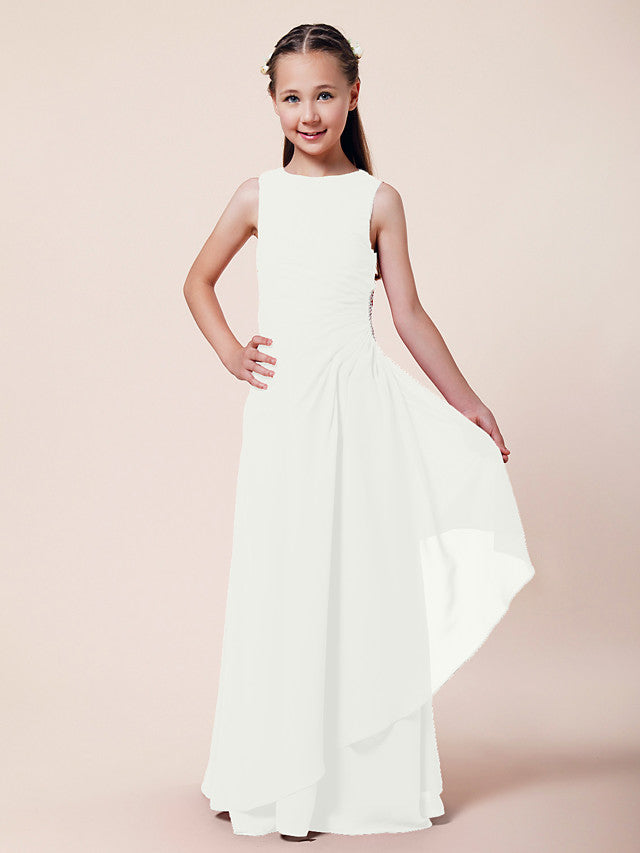 Vestido largo de corte sirena para niña de las flores, escote barco, de gasa, estilo bocina, ideal para damas de honor junior.