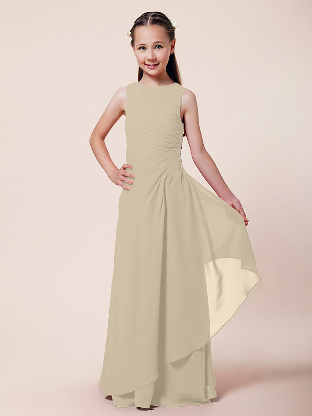 Vestido largo de corte sirena para niña de las flores, escote barco, de gasa, estilo bocina, ideal para damas de honor junior.