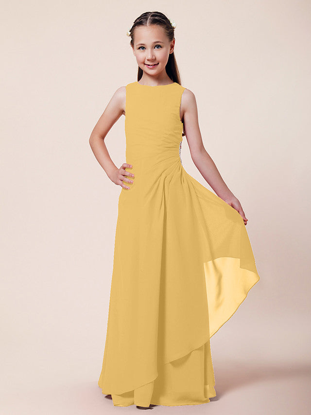 Vestido largo de corte sirena para niña de las flores, escote barco, de gasa, estilo bocina, ideal para damas de honor junior.