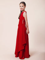 Vestido largo de corte sirena para niña de las flores, escote barco, de gasa, estilo bocina, ideal para damas de honor junior.