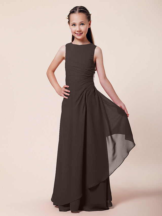 Vestido largo de corte sirena para niña de las flores, escote barco, de gasa, estilo bocina, ideal para damas de honor junior.