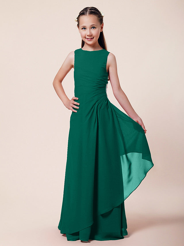Vestido largo de corte sirena para niña de las flores, escote barco, de gasa, estilo bocina, ideal para damas de honor junior.