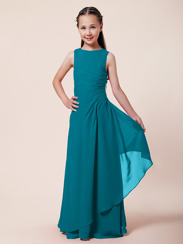 Vestido largo de corte sirena para niña de las flores, escote barco, de gasa, estilo bocina, ideal para damas de honor junior.