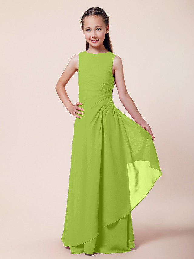 Vestido largo de corte sirena para niña de las flores, escote barco, de gasa, estilo bocina, ideal para damas de honor junior.