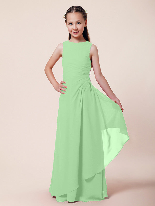 Vestido largo de corte sirena para niña de las flores, escote barco, de gasa, estilo bocina, ideal para damas de honor junior.