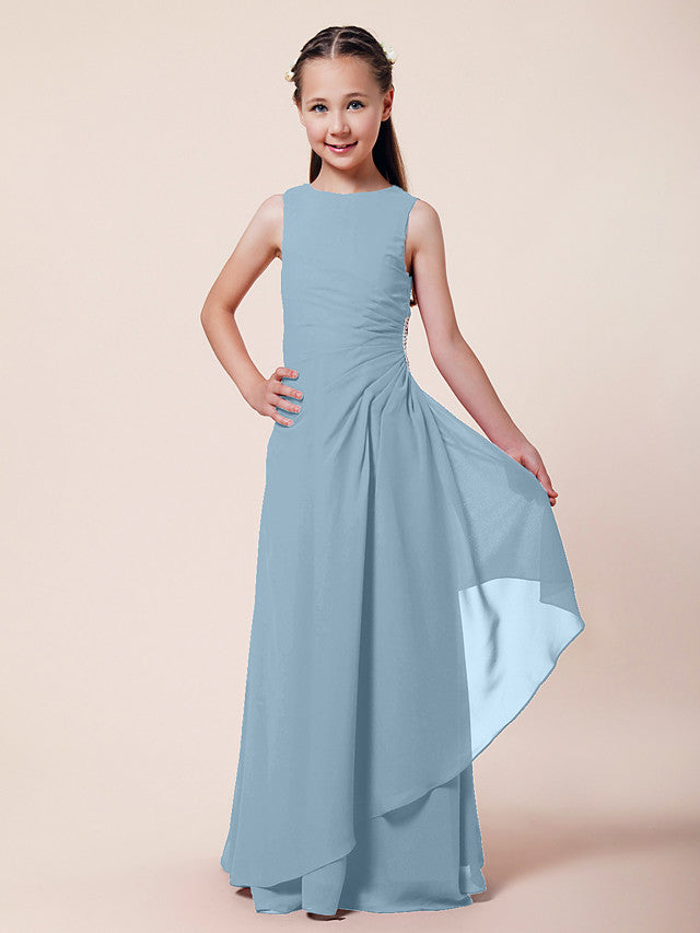 Vestido largo de corte sirena para niña de las flores, escote barco, de gasa, estilo bocina, ideal para damas de honor junior.