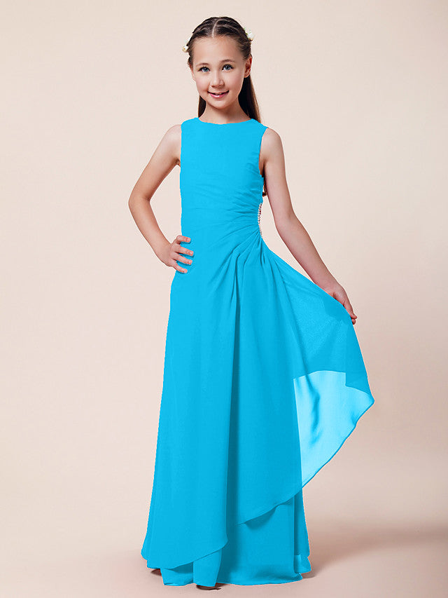 Vestido largo de corte sirena para niña de las flores, escote barco, de gasa, estilo bocina, ideal para damas de honor junior.
