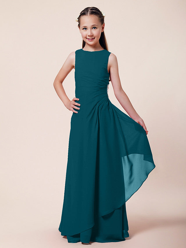 Vestido largo de corte sirena para niña de las flores, escote barco, de gasa, estilo bocina, ideal para damas de honor junior.