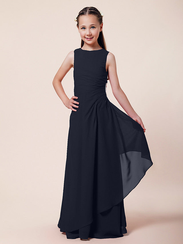 Vestido largo de corte sirena para niña de las flores, escote barco, de gasa, estilo bocina, ideal para damas de honor junior.