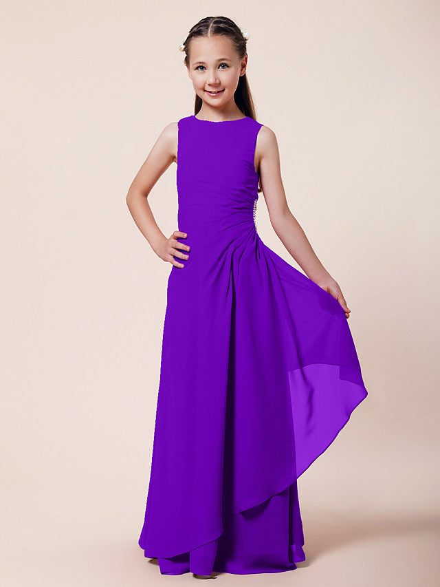 Vestido largo de corte sirena para niña de las flores, escote barco, de gasa, estilo bocina, ideal para damas de honor junior.