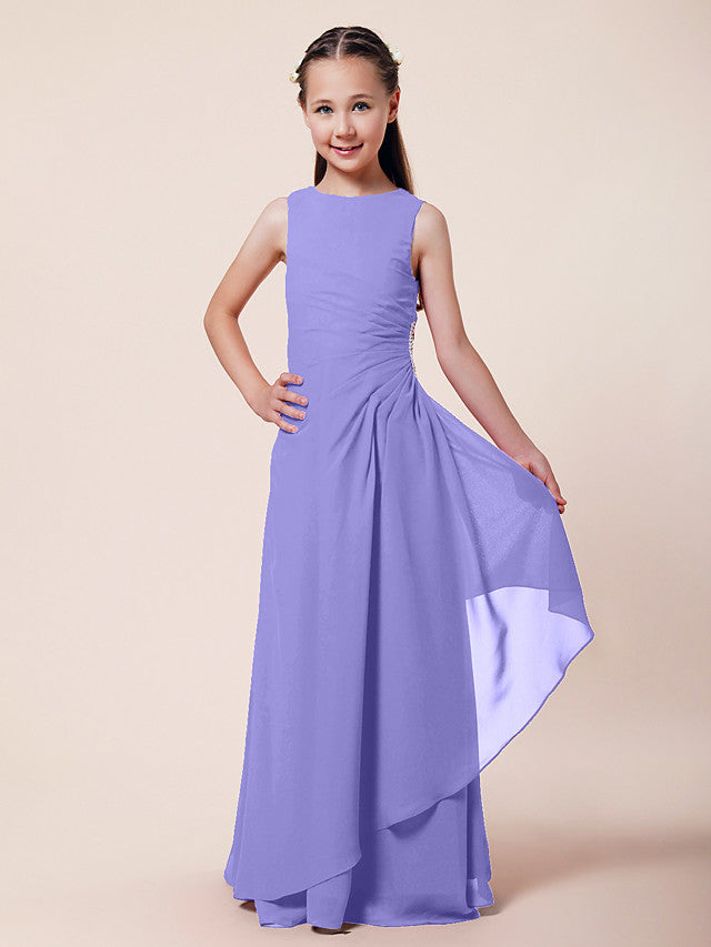 Vestido largo de corte sirena para niña de las flores, escote barco, de gasa, estilo bocina, ideal para damas de honor junior.