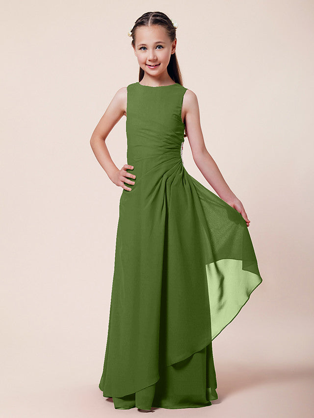 Vestido largo de corte sirena para niña de las flores, escote barco, de gasa, estilo bocina, ideal para damas de honor junior.