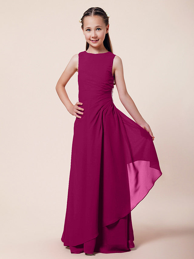 Vestido largo de corte sirena para niña de las flores, escote barco, de gasa, estilo bocina, ideal para damas de honor junior.