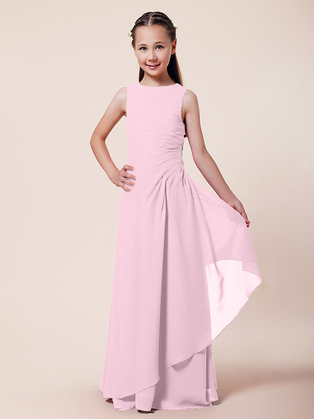 Vestido largo de corte sirena para niña de las flores, escote barco, de gasa, estilo bocina, ideal para damas de honor junior.