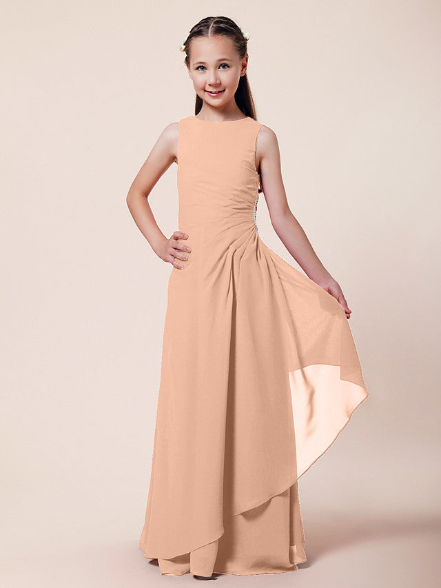 Vestido largo de corte sirena para niña de las flores, escote barco, de gasa, estilo bocina, ideal para damas de honor junior.