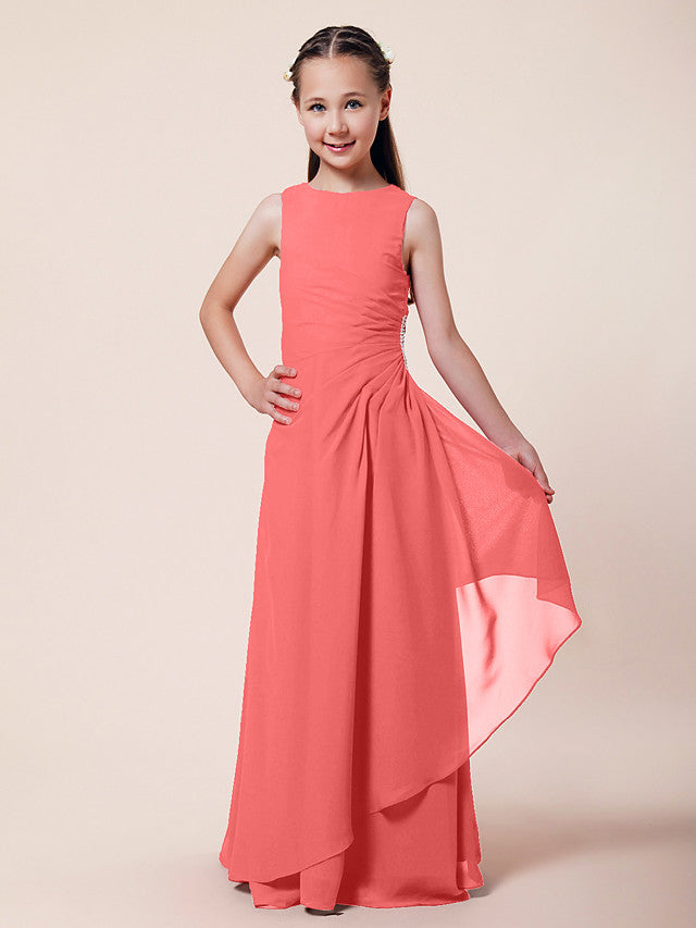 Vestido largo de corte sirena para niña de las flores, escote barco, de gasa, estilo bocina, ideal para damas de honor junior.