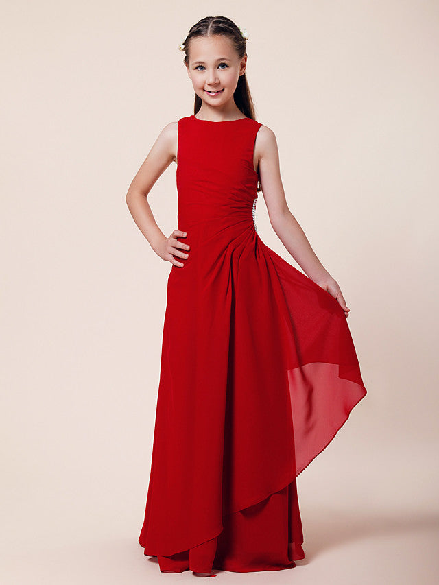 Vestido largo de corte sirena para niña de las flores, escote barco, de gasa, estilo bocina, ideal para damas de honor junior.