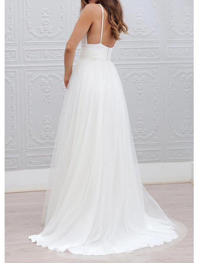 Robes de mariée longues trapèze à fines bretelles en taffetas, tulle et mousseline