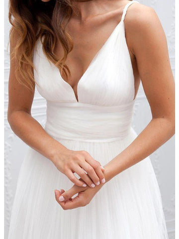 Robes de mariée longues trapèze à fines bretelles en taffetas, tulle et mousseline