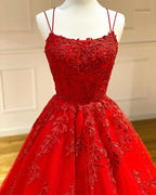 Long A-Line Spaghetti Straps Lace Tulle Open Back Prom Dress