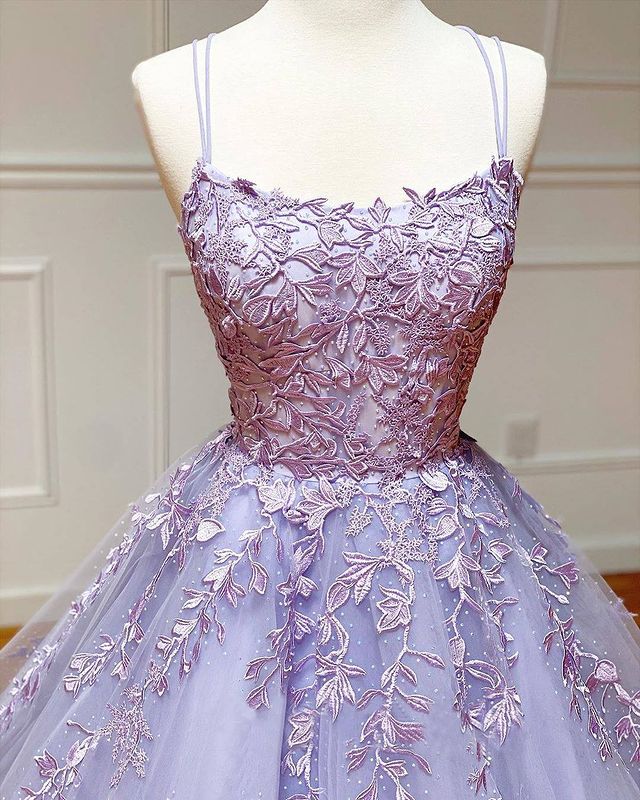 Long A-Line Spaghetti Straps Lace Tulle Open Back Prom Dress