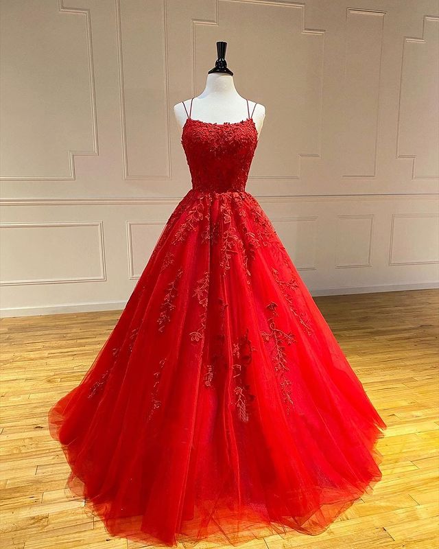 Long A-Line Spaghetti Straps Lace Tulle Open Back Prom Dress