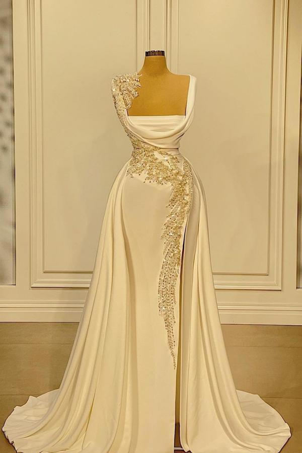 Robe de bal longue trapèze en satin ivoire avec encolure carrée et fente