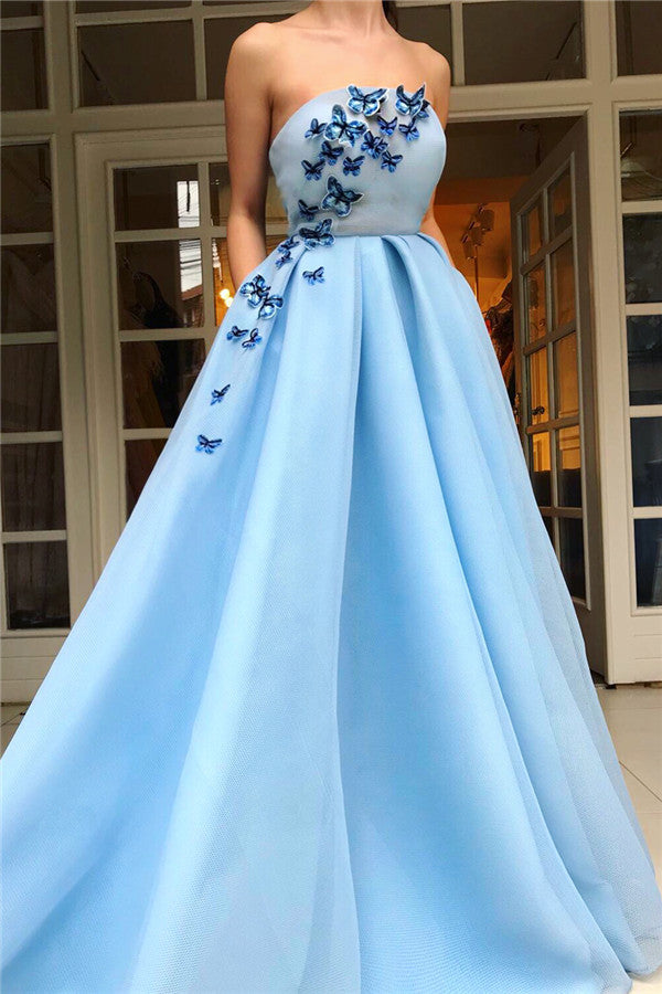 Long A-line Strapless Satin Prom Dress with pockets
