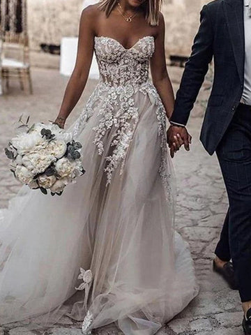 Vestidos de novia largos de corte A, sin tirantes, con cola de cepillo, encaje y tul, sin mangas