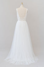 Long A-line Straps V-neck Chiffon Open Back Wedding Dress