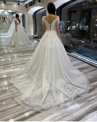 Vestidos de novia largos de corte A, escote corazón, espalda descubierta, lentejuelas, apliques de encaje y vestidos de novia
