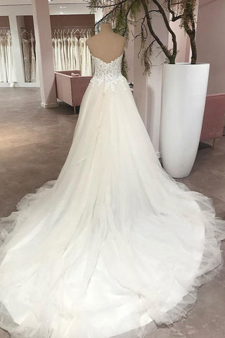 Vestido de novia largo de corte A, escote corazón, espalda descubierta, tul, apliques y encaje
