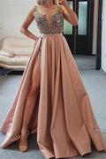 Vestido de fiesta largo de satén con escote corazón, corte en A, bordado de cuentas y abertura