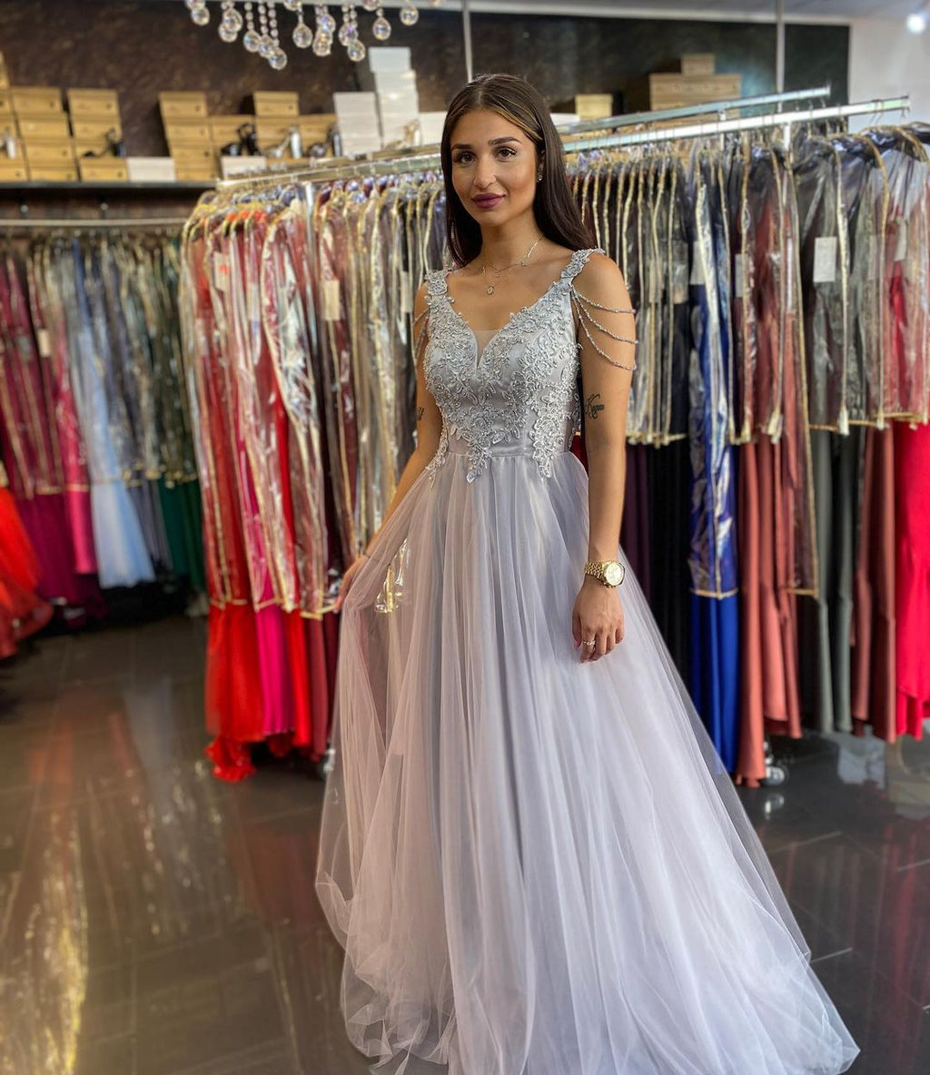 Vestido de fiesta largo de corte A, escote corazón, encaje, cuentas, tul y espalda descubierta