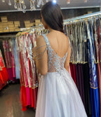 Vestido de fiesta largo de corte A, escote corazón, encaje, cuentas, tul y espalda descubierta
