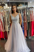 Vestido de fiesta largo de corte A, escote corazón, encaje, cuentas, tul y espalda descubierta