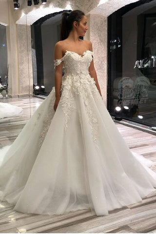 Vestido de novia largo de corte A, escote corazón, hombros descubiertos, apliques de encaje y tul