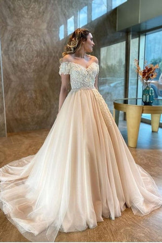 Vestido de novia largo de corte A, escote corazón, hombros descubiertos, espalda descubierta, apliques de tul y encaje
