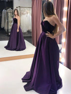 Vestido de graduación largo de satén con escote corazón, espalda descubierta y corte en A. Vestidos de noche formales de terciopelo con bolsillos.