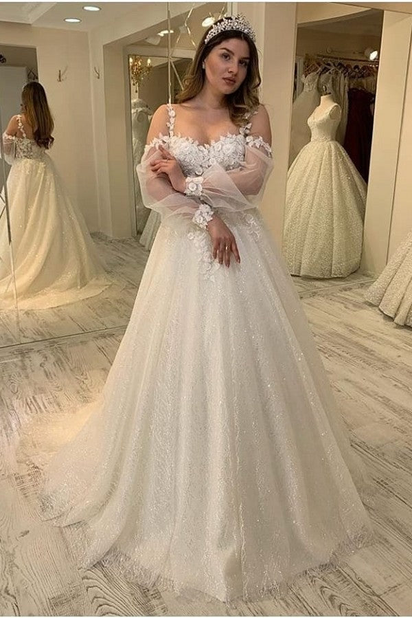 Robe de mariée longue trapèze à bretelles spaghetti et paillettes, manches longues