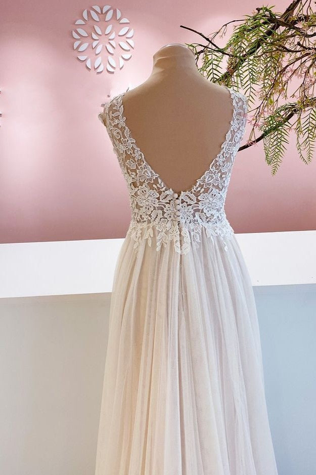Vestido de novia largo de corte A, escote corazón, tul sin espalda y encaje floral